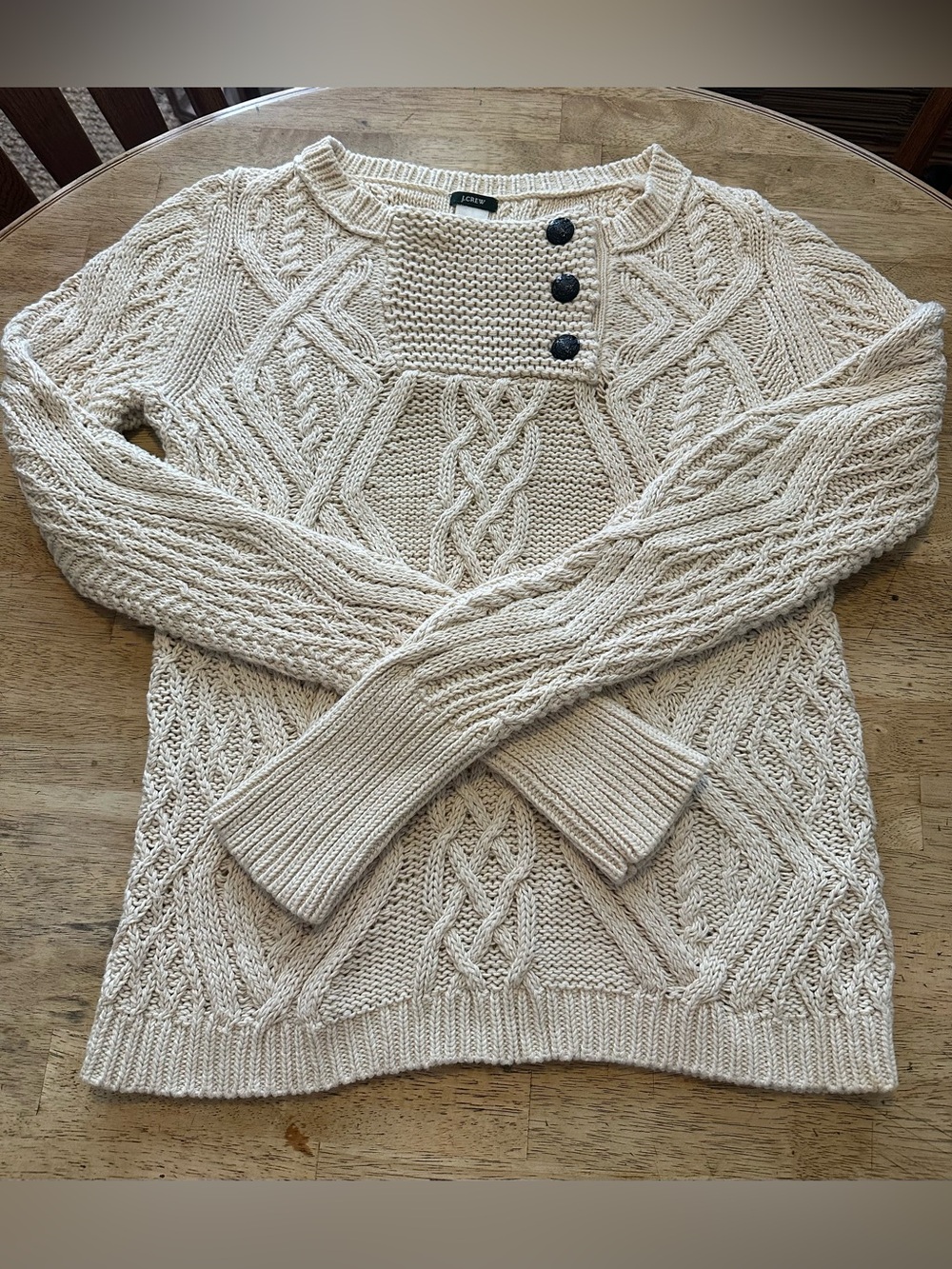J. Crew Vintage Fisherman Cream Cable-Knit Button-Neck Sweater